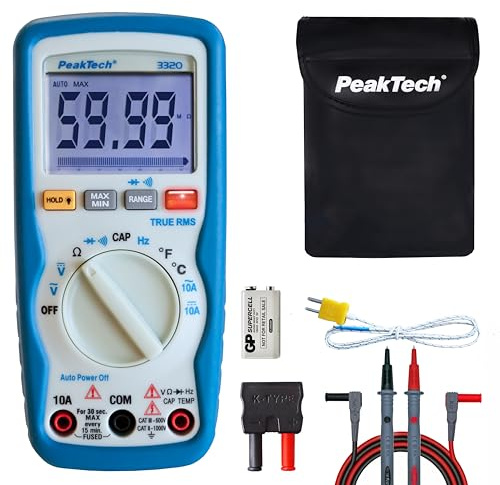 PeakTech P 3320 Digitales Multimeter mit TrueRMS, 10 A AC/DC, 6.000 Zähler, tragbares Multimeter, Voltmeter, Autorange, Durchgangsprüfer, Stromversorgung, Datenspeicher, LCD-Display - CAT III 600 V