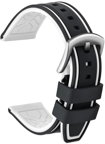 ULLCHRO Unisex Kautschuk Armband mit Gebürstete Edelstahl Silber Schnalle 20mm Schwarz Weiß
