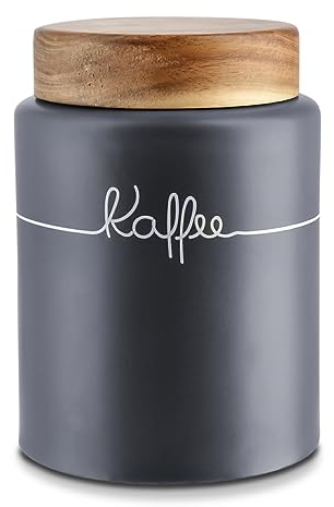 KHG Kaffeedose luftdicht, Keramik Steingut in Anthrazit Grau mit Holz-Deckel, Kapazität 1 Liter, Vorratsdose Kaffee rund & mit Beschriftung, Kaffee Aufbewahrung aromadicht