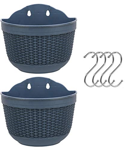 Set of 2 Pcs Hanging Planters Outdoor Hanging Basket Plastic Flower Pot Plants Holder Hanger for Balcony Fence Wall Mounted Planters Hanging Fence Planters with Drainage and 4 Hooks
