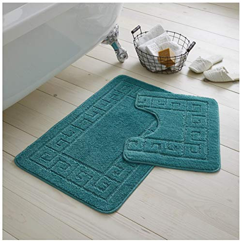 GC GAVENO CAVAILIA Greek Key Pattern Bath Mats 2 Piece Sets Non Slip, Soft Washable Rug Quick Dry Water Absorbent Bathroom Shower Mat & Pedestal Set, Dark Teal