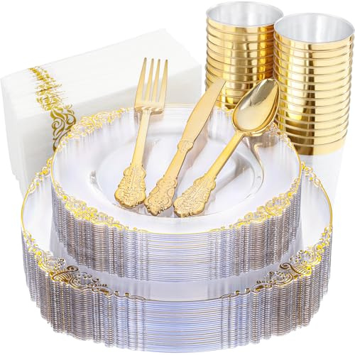Nervure 175PCS Clear Gold Plastic Plates - Gold Disposable Dinnerware Set for 25 Guests Include 50 Disposable Plates, 75 Plastic Silverware, 25 Cups, 25 Napkins for Wedding & Party