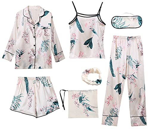 Jamron Donna 7PCS Raso Set Pigiama Primavera Estate Autunno Top & Pantaloni Indumenti da Notte SN07655 Fiore C M