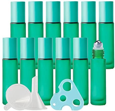 TIANZD 12 Stück Leere 10ml Matt Grün Glas Roller Flaschen mit Alu Schraubverschluss, Roll-On Glasflaschen mit Glasroller für Ätherische Öle Essential Oil mit Trichter Öffner