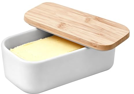 Beurrier en émail avec couvercle en bambou et joint d'étanchéité - Boîte de rangement hermétique multifonction pour aliments au beurre - 16,5 x 9,5 x 7 cm - Blanc