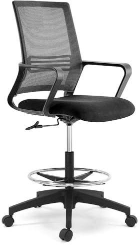 Waytex Chaise Haute de Bureau sur roulettes, Réglable en Hauteur 62-82 cm avec Repose-Pieds et Soutien Lombaire, pour Bureau Haut, Table à Dessin, Table Haute de Travail