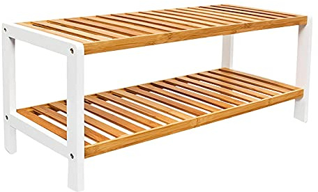 1ABOVE Bamboo Shoe Rack, Plant Rack, Perfect for Corridor, Living Room, Bathroom, Bedroom, Hallway or Small spaces-Parent. (White & Natural, 2 Tier)