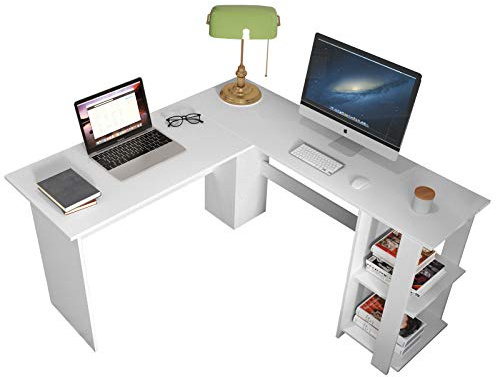 DlandHome Mesa Escritorio grande en L con Estantería Moderna - Mesa para esquina con Almacenamiento PC, Ordenador y Computadora para Hogar/Oficina, Blanco