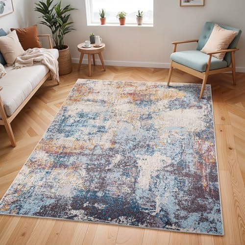 Livabliss Clearwater Wohnzimmer modern – Abstrakt Design in Marmor Optik für Wohnzimmer 200x275 cm, Esszimmer, Schlafzimmer - Marmor e groß, weicher Kurzflor in Blau und Elfenbein