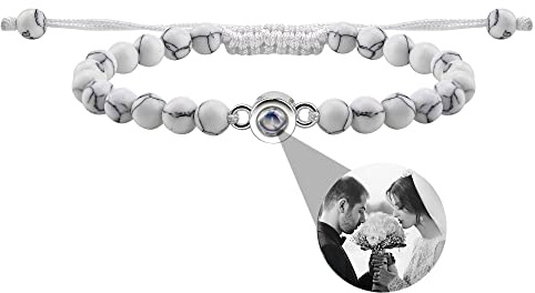 Nergaebe Personalisiertes Foto Armband mit Bild im Inneren Personalisiertes Fotoprojektions-Armband Türkis Kreis Foto-Armbänder im Inneren für Frauen/Männer/Paare/Freunde