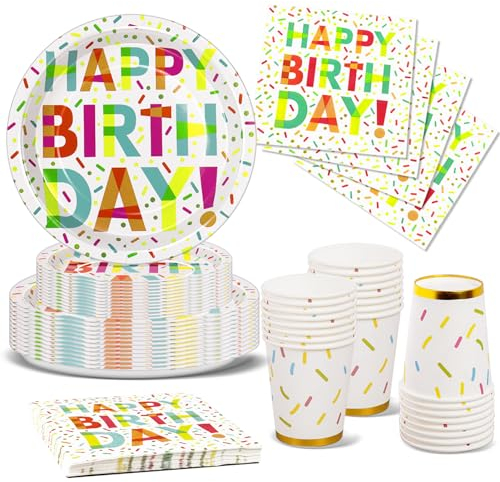 Nkaiso Anniversaire fête thème Vaisselle, 96Pcs Colorée Fournitures fête d'anniversaire Enfants, Papier Vaisselle fête Assiettes Papier Serviettes Gobelets Anniversaire Baby Shower-24 invités
