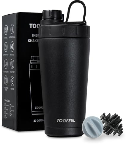 TOOFEEL Edelstahl-Shaker-Flasche – doppelwandiger, isolierter Becher, hält kalt/heiß, für Proteinmischungen und Fitness-Workout, 590 ml