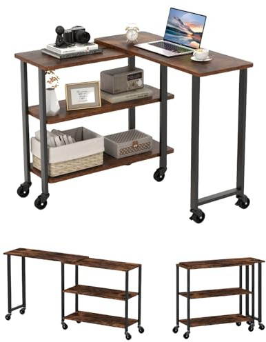 LIFEZEAL Tavolo Console Allungabile, con 6 Ruote, Scrivania a Forma di L per Computer, Tavolino Lato Divano, Salvaspazio, Trasformabile, Stile Industriale, per Soggiorno, Salotto, Corridoio, Marrone