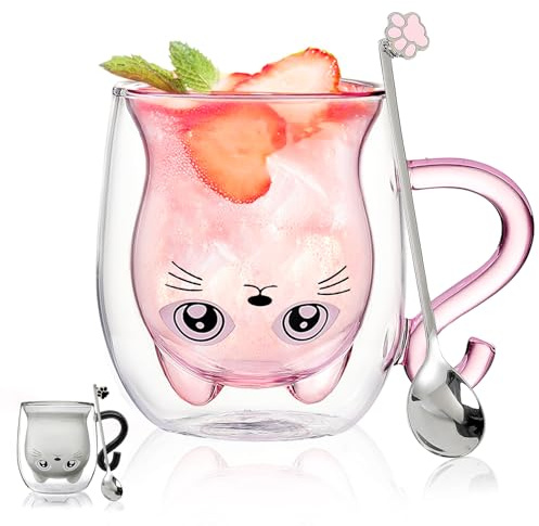 Binoster Gifts for Women Cute Stuff Cat Mug Double Walled Glass Coffee Mugs Tea Cup Valentines New Home Thank You Halloween Christmas Birthday Gifts for Her,Mum,Colleagues,Teacher,Friend Gift