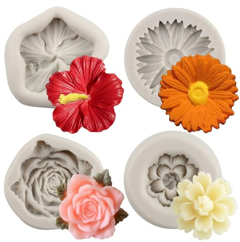 MYPRACS Molde de silicona para flores de hibisco, orquídea, fondant, crisantemo, flores, cerezo, para decoración de pasteles, cupcakes, chocolate, caramelos, pasta de goma, juego de 4
