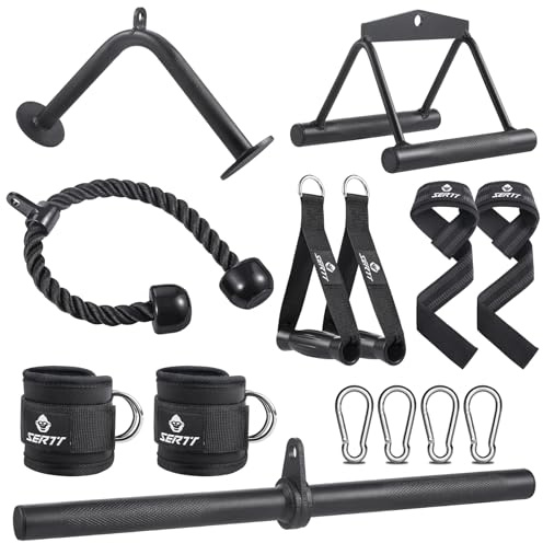 Workout Cable Machine Attachment for Home Gym, SERTT LAT Pulldown Attachments, Cable Accessories for Weight Training, Straight Bar, Tricep Rope, Double D Row Handle, V-Shaped Bar