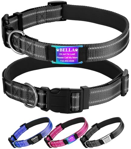YEHANTI Hundehalsband Personalisiert mit Hundemarke, Verstellbares Hundehalsband für kleine Mittel Große Hunde, Hunde Halsbänder aus Nylon, Reflektierendes Halsband Hund Welpen, Schwarz