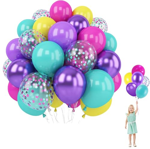 Lot de 60 Ballons Anniversaire Colorés, 12 Pouces Ballon Colorés avec 2 Ruban, Violet Rose Bleu Jaune Confettis Ballons Latex pour Sirène Magique Thème Anniversaire Fille Mariage Décoration