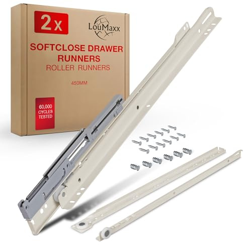LouMaxx Schubladenschienen 450 mm selbstschließend mit Dämpfer - 2er Set (1 Paar) Rollschubführungen - Schubladen Auszugsschienen Softclose - Leichtgängiger Rollenauszug in weiß