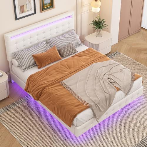 Schwebender Bettrahmen, Modernes Luxus-doppelbett, Mit Breitem Gepolstertem Kopfteil Und Verstellbarem Led-umgebungslicht, Geeignet Für Schlafzimmer (ohne Matratze)