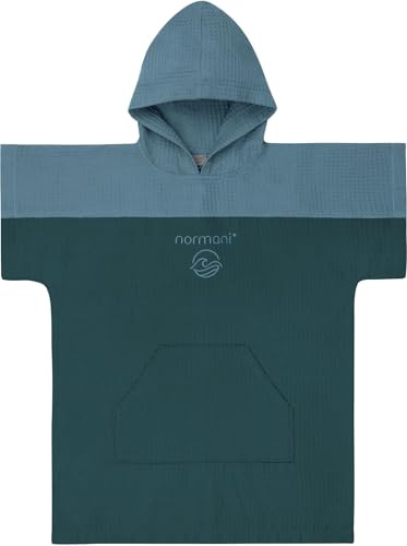normani Kinder Badeponcho aus Waffelpique 100% Bambusviskose - Handtuch-Poncho mit Kapuze leicht und kompakt - Surfer Poncho in Europa hergestellt
