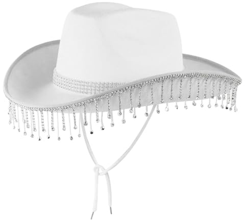 Peosaard Braut Cowgirl Hut, weißer Cowboyhut, Randglitter Cowboyhut mit Kinngurt für Frauen Cowgirl Hut Halloween Kostüm