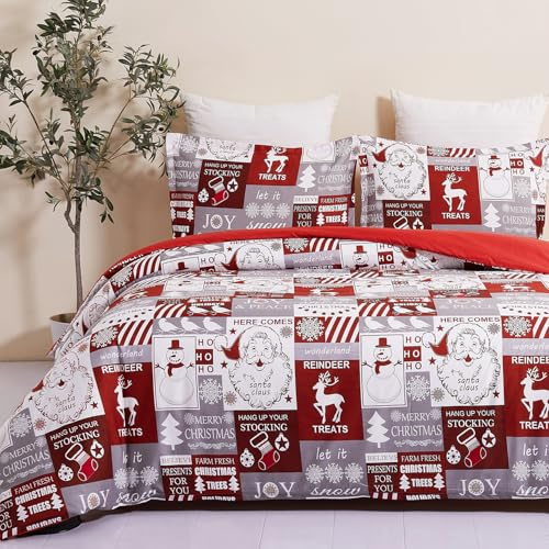 YEPINS Weihnachten Bettwäsche Rot Schneeflocken Mikrofaser Weihnachts Motiv Bettbezug mit Verdeckter Reißverschluss und Kissenbezug (Rot & Weiß, 135 x 200 cm)