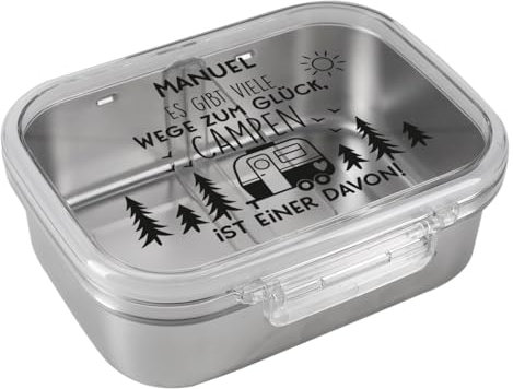 Herz & Heim® personalisierte Edelstahl Brotdose mit Motivauswahl und Personalisierung, 1l Fassungsvermögen (Wege zum Glück - Campen)