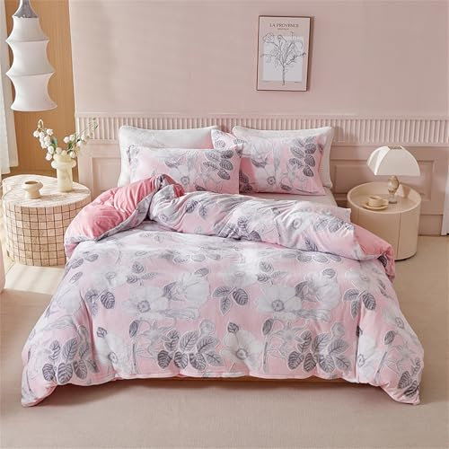 Funda nórdica de franela de 220 x 240 cm, diseño floral Tridimensional, rosa, invierno, juego de cama aterciopelada, espesa, mullida y cálida, ropa de cama para 2 personas con 2 fundas de almohada de
