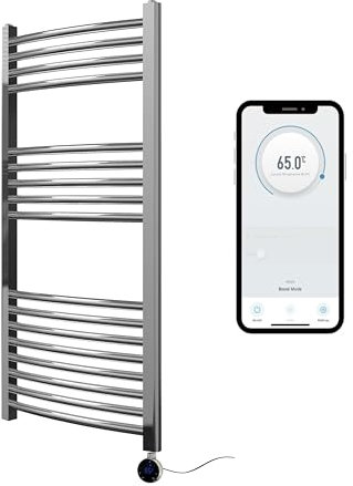 Greened House Chrome Electric Smart WiFi Controlled Heated Towel Rail Curved 500mm W x 1000mm H 7 Day Programmable Timer App Compatibility