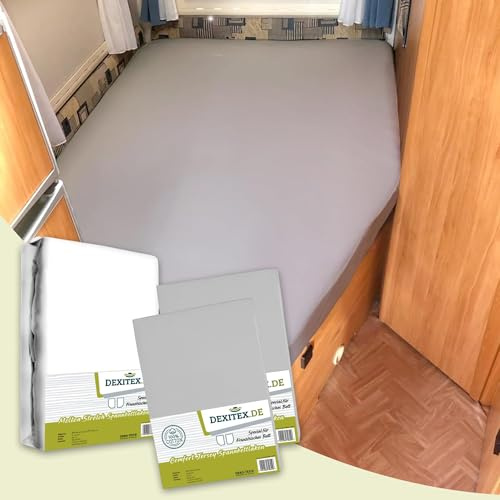 Dexitex - Spannbettlaken Wohnmobil 3er Set - 2 Spannbettlaken Grau + 1 Matratzenschoner Ecke Rechts (135-155cm x 200cm)- Französische Betten - für Wohnmobil Bett - Rechts -2 Grau