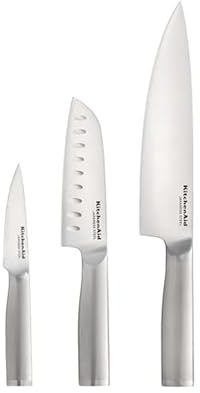 KitchenAid 3 Piece Forged Chef Knife Set High Carbon Japanese Steel, Includes 8 Inch Chef Knife, 5 Inch Santoku Knife, and 3.5 Inch Paring Knife with Blade Covers