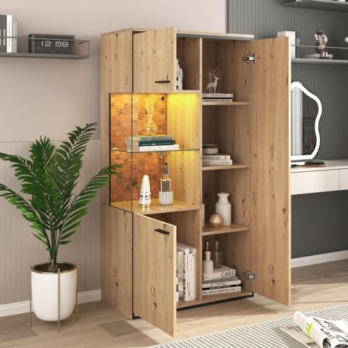 BRILVERDE Vitrinskåp med LED-belysning, glasvitrinskåp med hyllor, modernt bokhylla, modernt vertikalt vitrinskåp för vardagsrum, kontor, matsal, ek, 150 H x 78 W x 40 D cm