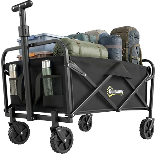 Outsunny 93L Festival Trolley on Wheels, Garden Folding Trolley Cart, 120kg Heavy Duty Collapsible Folding Wagon with Adjustable Handle and Carrying Bag for Beach, Camping, Festival, Black