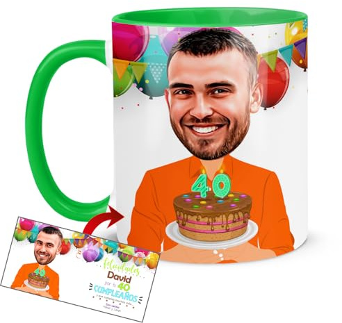 Kembilove® Taza Cumpleaños Hombre Personalizada con Caricatura | Nombre y Edad | Regalo Original y Gracioso para Él | Cerámica 330ml | Feliz Cumpleaños Personalizado