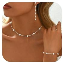 Fezodo Silver Jewelry Set for Women, Silver Pearl Necklace and Earring Set With Pearl Earrings Bracelet Wedding Jewelry Sets for Bride, Bridal Prom Pearls Jewelry