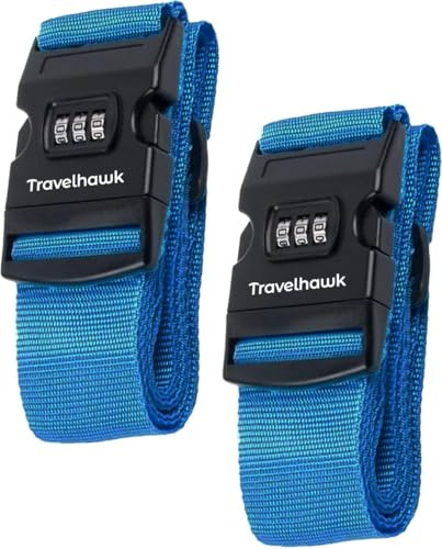 Travelhawk Koffergurt mit Zahlenschloss 2 Stück - Kofferband mit TSA-Schloss, 3-Stelligem Zahlencode, Gepäckgurte für Koffer, Handgepäck, Reisekoffer Spanngurt, Luggage Strap - Blau