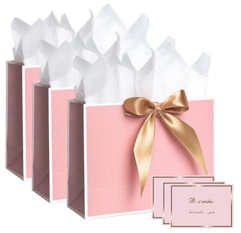 Geschenktüte Geburtstag, 3 Stück Pinke Geschenktüten mit Seidenpapier und Karten, 28cm x 20cm x 10cm, für Geburtstage, Hochzeiten, Weihnachten, Valentinstag und Muttertag