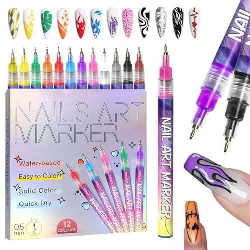 12 Colors 0.5mm Nail Art Pens Set, 3D Nail Gel Markers for Graffiti, Dotting, Liner & Painting, Quick-Dry Nail Polish DIY Art Tool