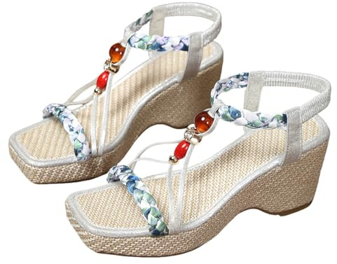 Sommarsandaler damer platt, damer ortopediska sandaler bohemiska sandaler platåsandaler med strass pärlor eleganta sandaletter lätta sommarskor kilklack strandsandaler bekväma kilsandaler, silver, 39