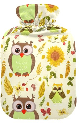 Bolsa de agua caliente con cubierta suave, calentador de pies y manos, búhos caprichosos, bolsa de agua caliente para cuello, hombros y calambres menstruales, pequeña