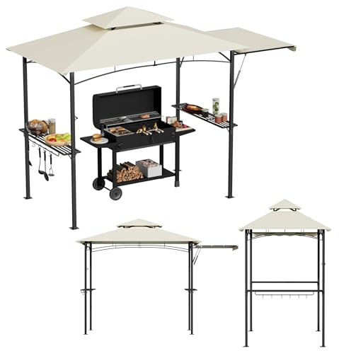 TATIVALO Grillpavillon Beige BBQ Pavillon mit Doppeldach 245x141x253 cm, Seitenablage, Haken, Wetterfeste Grillüberdachung, Gartenpavillon mit Rauchabzug, für Gartenpartys und BBQs