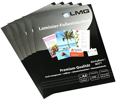 LMG LMGA4-125SM-25 Laminierfolien A4, 216 x 303 mm, 2 x 125 mic mit selbstkl Rückseite, 25 Stück