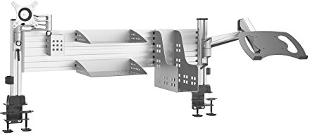 HFTEK - HF14TP - Slatwall Ablage Toolbar mit dual Monitorarm doppel Tischhalterung Monitor TV Halter für LED LCD Bildschirme von 13 bis 27 Zoll VESA 75/100 + Laptop Halterung