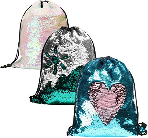 com-four® 3x Fashion-Beutel mit Wendepailetten, Hipster-Bag, Turnbeutel | Matchbeutel - Pailletten-Rucksack zum Shoppen - fürs Training oder am Badesee