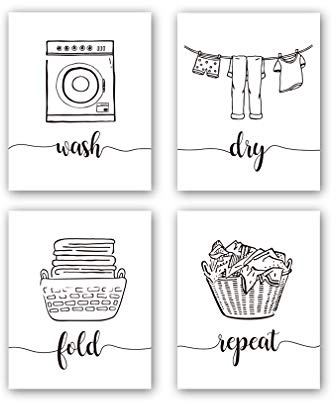 HPNIUB 4er Set Waschküche Wanddeko, Schwarz & Weiß Poster, Moderne Leinwand Bilder, Laundry Room Wäscheschilder Zitate, Zum Aufhängen Ohne Rahmen, 20×25cm