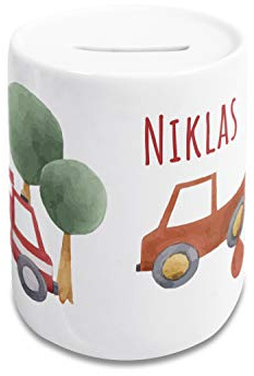 GRAZDesign Feuerwehr und Bagger Spardose Kinder Jungen mit Name - personalisiertes Geschenk Geburtstag, Weihnachten, Taufe, Keramik