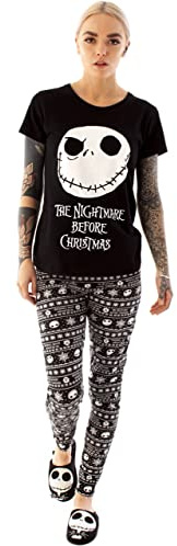 Disney Nightmare Before Christmas Pyjamas för kvinnor | Jack Skellington T-shirt & byxor PJ Set | Svart T-shirt för vuxna och resår i midjan