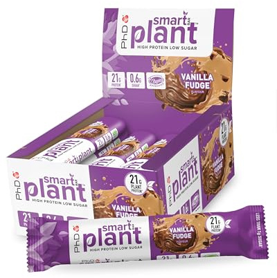 PhD Nutrition Smart Plant Bar Low Calorie, High Protein Low Sugar Vegan Protein Bar/Protein Snacks, Vanilla Fudge Flavour, 20g of Plant Protein, 64g Bar (12 Pack)