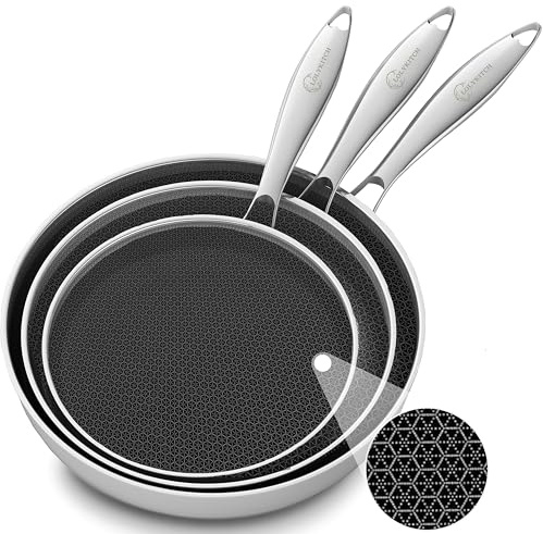 LOLYKITCH Juego de 3 sartenes híbridas de acero inoxidable de tres capas de 8-10-12 pulgadas, sartenes, sartenes de inducción, juego de ollas y sartenes, apto para lavavajillas y horno, mango